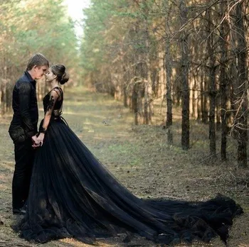 Juodos spalvos Gotikos Vestuvių Suknelės 2021 Iliuzija ilgomis Rankovėmis nėrinių aplikacijos Pusė Padalijimas Boho Sodas šalies nuotakos suknelė robrs