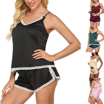 2021 Seksualus Moterų Sleepwear Sexy Satin Pajama Nustatyti Black Lace V-Neck Pižamos Rankovių Mielas Cami Viršų Ir Šortai, Erotinis apatinis trikotažas