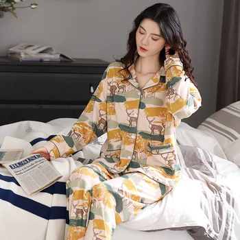 BZEL Animacinių filmų Elnias Modelis Pajama Nustatyti Moterų Medvilnės Sleepwear Naujas ilgomis Rankovėmis, Ilgas Kelnes Pijama Mujer Prarasti Pyjama Saldus Nighty