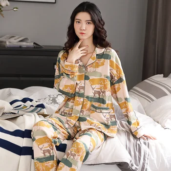 BZEL Animacinių filmų Elnias Modelis Pajama Nustatyti Moterų Medvilnės Sleepwear Naujas ilgomis Rankovėmis, Ilgas Kelnes Pijama Mujer Prarasti Pyjama Saldus Nighty