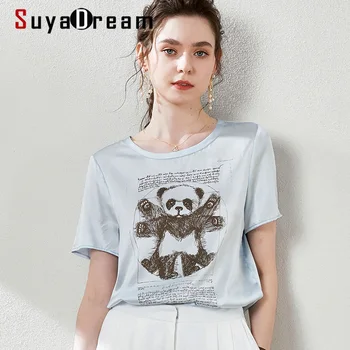 SuyaDream Satino Palaidinė Šilko Panda Trumpomis Rankovėmis Apvalios Apykaklės Atsitiktinis Marškinėliai 2020 Metų Vasaros Elegantiškas Top Moterims