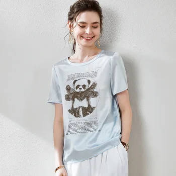 SuyaDream Satino Palaidinė Šilko Panda Trumpomis Rankovėmis Apvalios Apykaklės Atsitiktinis Marškinėliai 2020 Metų Vasaros Elegantiškas Top Moterims
