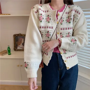 кардиган Išskirtinį Mygtuką Prašmatnus Išsiuvinėti Megztiniai Moterims 2021 Naujų Rudens Purus Kailis Derliaus Japonų Stiliaus Susagstomų Megztinių