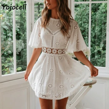 Yojoceli seksualus baltas medvilnės nėrimo tuščiaviduriai iš suknelė moterims blyksnius rankovės medvilniniai siuvinėjimo mini suknelė 2019 vasaros dieną suknelė