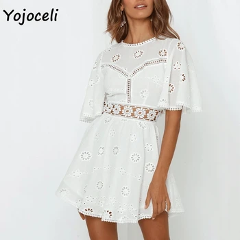 Yojoceli seksualus baltas medvilnės nėrimo tuščiaviduriai iš suknelė moterims blyksnius rankovės medvilniniai siuvinėjimo mini suknelė 2019 vasaros dieną suknelė