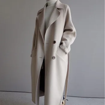 Žiemos Smėlio Spalvos Elegantiškas Vilnos Mišinys Moterų Korėjos Mados Juoda Ilgi Paltai Derliaus Minimalistinio Vilnonis Paltas Kupranugaris Negabaritinių Outwear