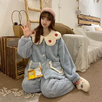 Pajama Moteris Žiemą Naujas Korėjos Stiliaus Mielas Megztinis Pižama Prarasti Pižamą Koralų Vilnos Namuose Paslaugų Kostiumas Pajama Rinkinys Moterims