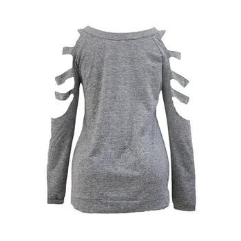 SEBOWEL Moters Long Sleeve T-shirt Šalto Pečių Tuščiaviduriai Iš Viršūnės Moterų Pavasarį, Rudenį 2019 Pilka/Juoda Panele Laisvalaikio Tees Viršūnės