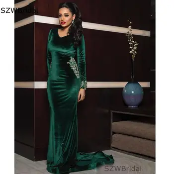 Naujas Atvykimo V Kaklo Žalia vakaro suknelės ilgomis rankovėmis Musulmonų vakarinę suknelę Plius dydis Aksomo, vestidos de fiesta Vakare chalatai 2021