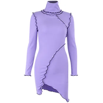 Drabužių OWLPRINCESS 2019 naujas vientisos spalvos ilgomis rankovėmis aukštu kaklu asimetrinė suknelė