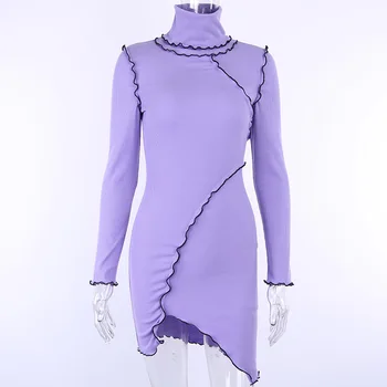 Drabužių OWLPRINCESS 2019 naujas vientisos spalvos ilgomis rankovėmis aukštu kaklu asimetrinė suknelė