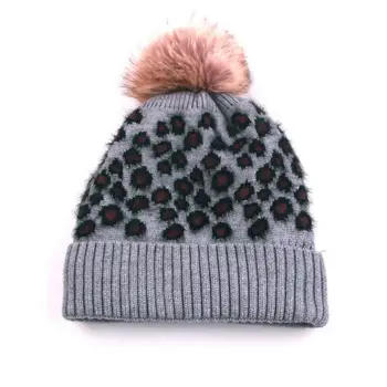 2019 Žiemos Skrybėlę Nekilnojamojo Triušio Kailio Pom Pom Bobble Moterų Megzti Beanie Kalėdų Dovana Leopard 