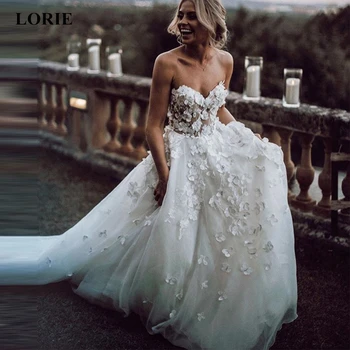 LORIE Boho Vestuvių Suknelė 2020 Appliqued Su 3D Gėlės Pakopų Tiulio Sijonas-Line Paplūdimio Nuotakos Suknelė Balta vestido de noiva