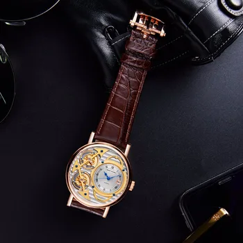 Rifas Tigras Mados Dizaineris Laikrodžiai Odos Juosta Prabanga Rose Gold Automatinis Laikrodžiai RGA1995 Ne juda Double Tourbillon