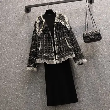 Rudenį Naujas Juodos Spalvos Tvido Moterų Nėriniai Paltai Moterims Topai Tinka Megztinis Suknelė Elegantiškas Kanalo Stiliaus Kostiumas Dvi 2 Dalių Komplektas Vienetų