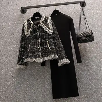 Rudenį Naujas Juodos Spalvos Tvido Moterų Nėriniai Paltai Moterims Topai Tinka Megztinis Suknelė Elegantiškas Kanalo Stiliaus Kostiumas Dvi 2 Dalių Komplektas Vienetų
