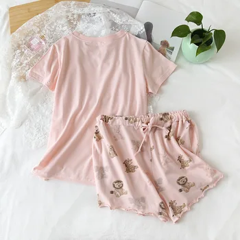 Nauja vasaros medvilnės megzti ponios trumparankoviai šortai tiktų švieži ir mielas atsitiktinis pižama tiktų namų paslauga pižama moterims
