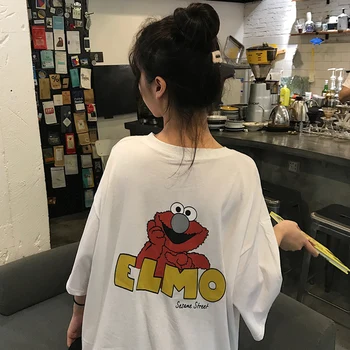 Preppy Stilius Sesame Street Elmo Atspausdinta marškinėliai Moterims Medvilnės Kawaii Harajuku Negabaritinių Vasaros Top Marškinėlius Ulzzang Streetwear Tee
