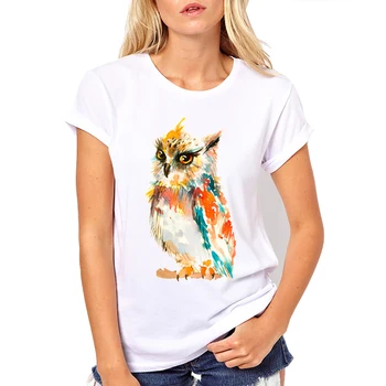 White T-shirt Moterims, Drabužiai Atsitiktinis Vasaros Viršūnes Spalvinga pelėda Atspausdintas Trumpas Rankovės O-neck T Shirt Femme Camiseta Mujer Tumblr