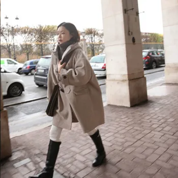 2019 Korėjos Žiemos Atvykimo Moterų Streetwear Atsitiktinis Ilgomis Rankovėmis Striukė Ponios Ilgas Šiltas Gobtuvu Viršūnes Viršutiniai Drabužiai Ragų Mygtuką Kailis