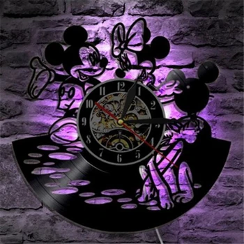 Disney Mickey Mouse Laikrodis 12 Colių LED Vinilo Įrašas Laikrodis Animacinių filmų Kabinti Naktį Lempos Kambarį Dekoratyvinių Laikrodis Namų Dekoro