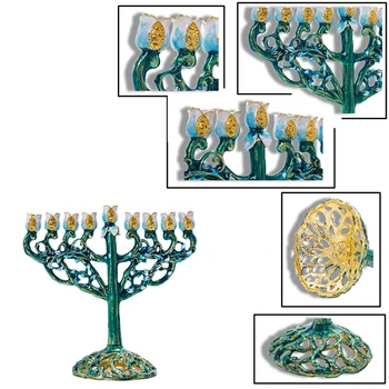 H&D 9 Filialo Hanukkah Žvakės Menorah Rankomis Dažyti Vynmedžių Gėlės Lenktas Chanukiah Menorah Namų Dekoro Jeruzalės Dovana(Žalia)