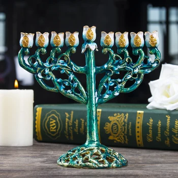 H&D 9 Filialo Hanukkah Žvakės Menorah Rankomis Dažyti Vynmedžių Gėlės Lenktas Chanukiah Menorah Namų Dekoro Jeruzalės Dovana(Žalia)