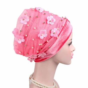RUNMEIFA Naujo dizaino Musulmonų Skullies & Beanies aksomo šalikas bžūp ponios prabangos prekės Gėlių pearl galvos skara Afrikos wrap skrybėlę