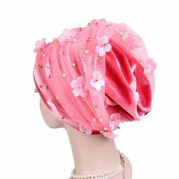 RUNMEIFA Naujo dizaino Musulmonų Skullies & Beanies aksomo šalikas bžūp ponios prabangos prekės Gėlių pearl galvos skara Afrikos wrap skrybėlę