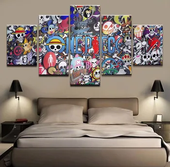 Šiuolaikinių HD Spausdintus Paveikslėlius 5 Skydelis Anime One Piece Logotipas Gyvenimo Kambario Sienos Meno Namų Apdailos Sistemą, Drobė, Tapyba, Plakatas