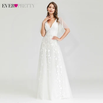 Elegantiškas Balto Vestuvių Suknelės Kada nors Gana EP00723WH-Line Double V-Kaklo Ruffles Rankovėmis Nėriniai Siuvinėjimo Nuotaka Chalatai Mariage 2020 m.
