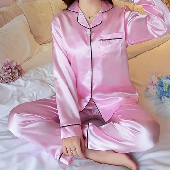 Moterų Šilko Satino Pižama Pižamos Nustatyti Rudenį Sleepwear Pijama Kostiumas Moterų Miego Ilgomis Rankovėmis Viršūnes+Kelnės 2 Gabalas Rinkiniai Pyjama Femme