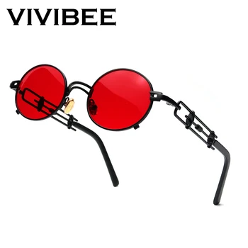 VIVIBEE Punk Ovalo formos Raudonos spalvos Akiniai nuo saulės Vyrams Black Metalo Rėmas Hip-Hop Moterims, Derlius Mažas Saulės Akiniai 90s Steampunk Priedai