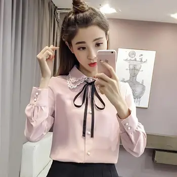 Marškinėliai Moterų Plius Dydis Lankas Ilgomis Rankovėmis Korėjos Stiliaus Laisvalaikio Viena Breasted Mygtuką Elegantiška Vintage Laisvalaikio Šifono Palaidinės Womens