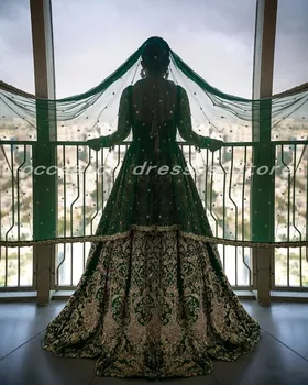 Tradicinis Dviejų dalių Žalios Indijos Vestuvių Suknelės su Šydu 2021 Nėrinių Zawalcowany arabų Dubajus Vestuvinės Suknelės vestido de noiva