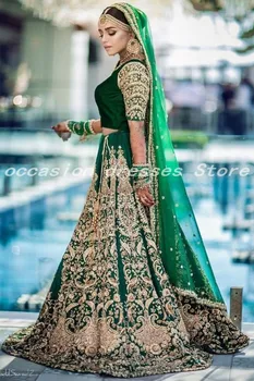 Tradicinis Dviejų dalių Žalios Indijos Vestuvių Suknelės su Šydu 2021 Nėrinių Zawalcowany arabų Dubajus Vestuvinės Suknelės vestido de noiva