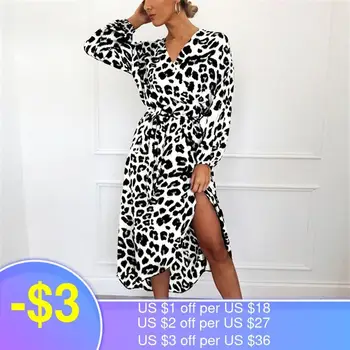 Leopard Suknelė 2021 M. Rudenį Moterys Šifono Long Beach Dress Lady Prarasti ilgomis Rankovėmis Giliai V Kaklo Seksualus Šalis Suknelė Vestido de Fiesta