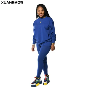 XUANSHOW 2020 m. Rudens Mados 15 Spalvų Kieta Moteris Nustatyti Dviejų dalių Komplektus Jogger Kelnės Kostiumas Tracksuit Atitikimo Rinkinys Drabužius