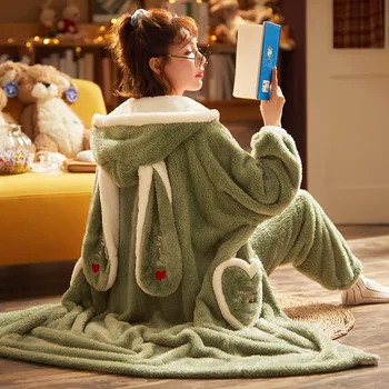 Plius Dydis Moterų Sleepwear Išlaikyti Šiltas Vidutinio Stiliaus Intensyviau Pižamos Žiemos Pižama Pliušinis Pižamą Su Gobtuvu Nustatyti Laisvas Versija