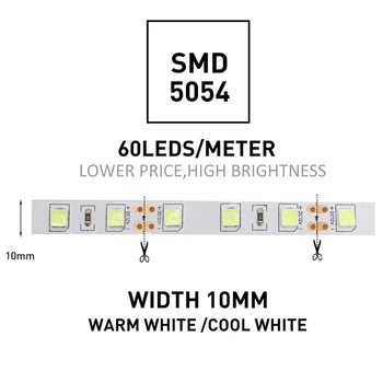 12V LED Juosta SMD 5054 60LEDs/M 5M LED Šviesos Juostelės 12V DC atsparumas Vandeniui Lanksčia Juostele, Juostelė Šiltai Balta Patalpų Apdailos Apšvietimas