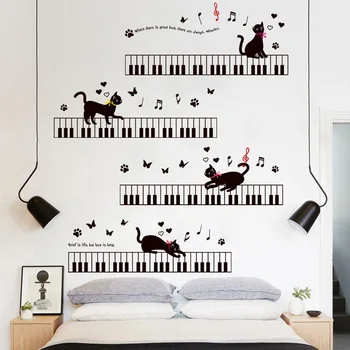 Katė Ant Pianino Muzikos Sienų Lipdukai Vaikų Kambariai, Miegamasis Meno Fone Grindjuostes PVC Grindjuostes Drugelis Sienų Dekoras