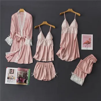 Daeyard Šilko Pižama Rinkiniai Moterų Pink 5 vnt Sexy Nėrinių Pyjama Sleepwear Chalatas, Kelnės Derinys Pavasario Vasaros Mujer Homewear