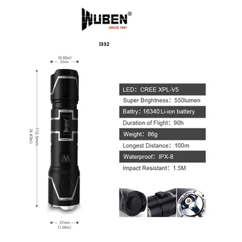 WUBEN I332 Mini Led Žibintuvėlis USB Įkrovimo Taktinis Žibintuvėlis Cree XPL 520 Liumenų Vandeniui 16340 Žibinto Lemputė
