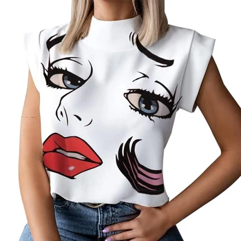 Moterys Lūpas, Akis, Print T Shirt Ladies Atsitiktinis Stovėti Kaklo Tee Viršūnes Trumpas Rankovės Streetwear Vasaros Gėlių Megztinis marškinėliai