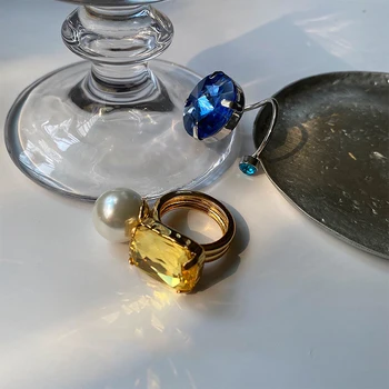 HZ 2020 Naujas Retro Perlų Perdėti Geometrija, Stačiakampis, Apvalus Mėlynas Geltonas Kristalas, Metalinių Atidarymo Žiedų Moterų Papuošalai