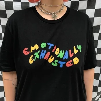 Fashionshow-JF Emociškai Išsekęs Spalvinga Atspausdintas T-Shirt Unisex Tumblr Grunge Juoda Tee Mielas Vasaros Viršūnes Street Wear