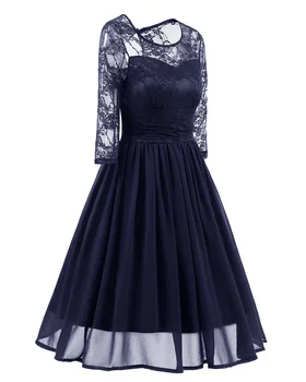 Tamsiai Mėlyna Kokteilių Suknelė 2020-line Kelio Ilgis Apvalios Kaklo Trys Ketvirtį Rankovės Elegantiškas Šifono Šalis Suknelė Vestidos De Coctel