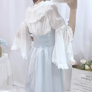 Japonijos kawaii girl saldus lolita marškinėliai senovinių nėrinių velniop kaklo blyksnius rankovės viktorijos marškinėliai princesė gothic lolita top cos loli