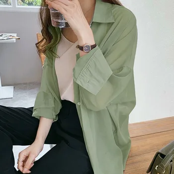 Paprasta Korėjos Moterų Palaidinė 2020 M. Vasarą, Rudenį Paprasto Žalia Ilgomis Rankovėmis Marškinėliai Moteriška Atsitiktinis Mados Prarasti Palaidinė Marškinėliai Viršų