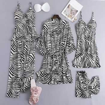 Fiklyc apatinius 5 vienetų seksualus zebra stiliaus moteris dirbtiniais šilko pižama rinkiniai, paminkštintas krūtinės moterų ilgomis rankovėmis vasaros kostiumai, naktiniai drabužiai